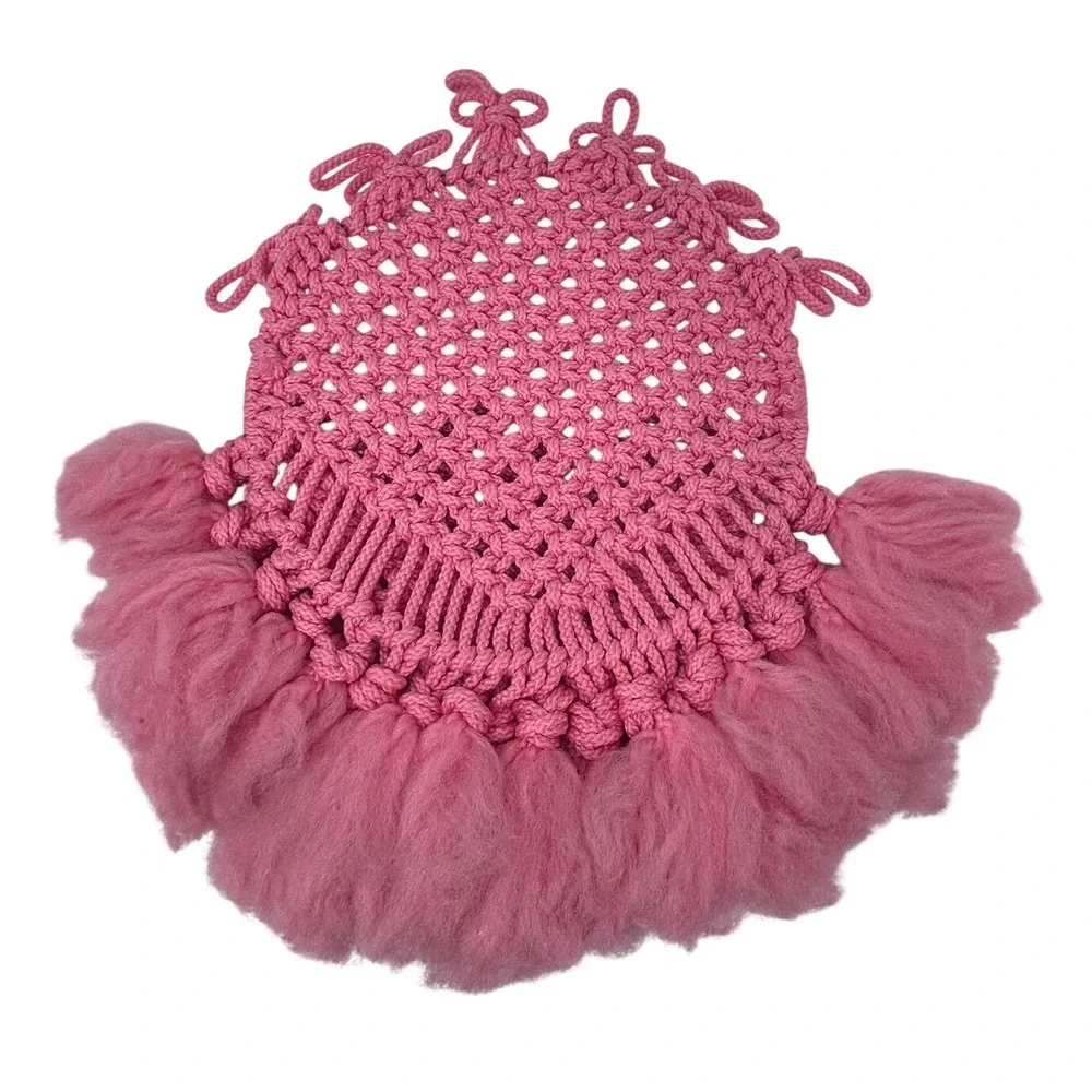 Handmade Pink Macrame‎ Fiber Art Vintage Wall Pocket Hanging Fringe Boho Decor